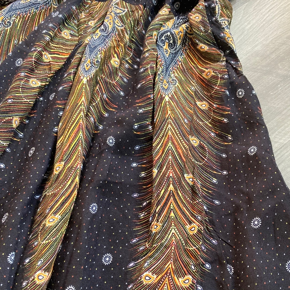 Happy Trunks Smocked Peacock Feather Self Tie Maxi Skirt Boho Global sz 3XL - Picture 4 of 8